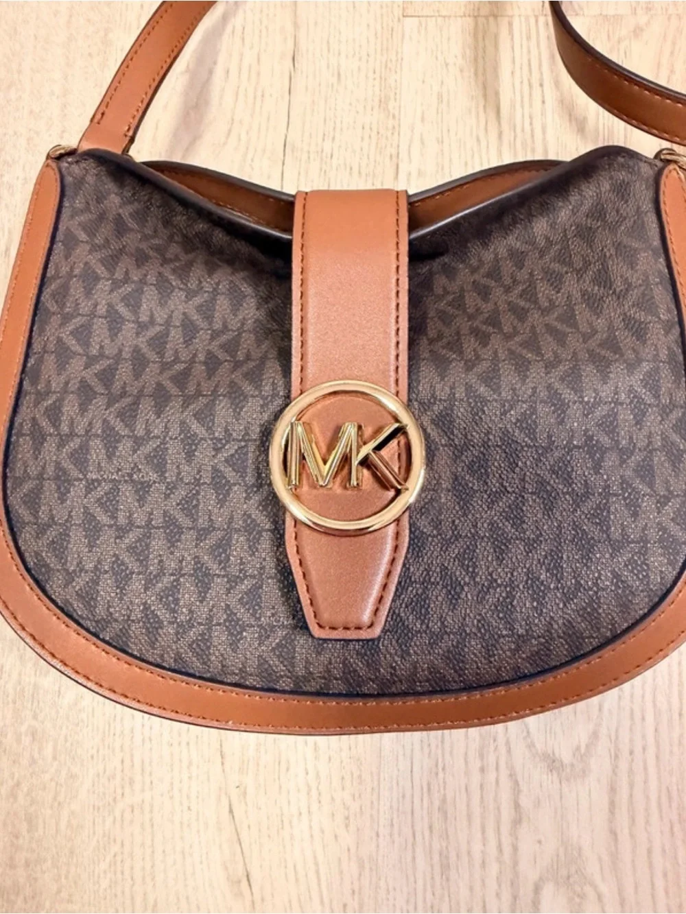 Michael Kors Brown & Tan MK Logo Crossbody Saddle Bag